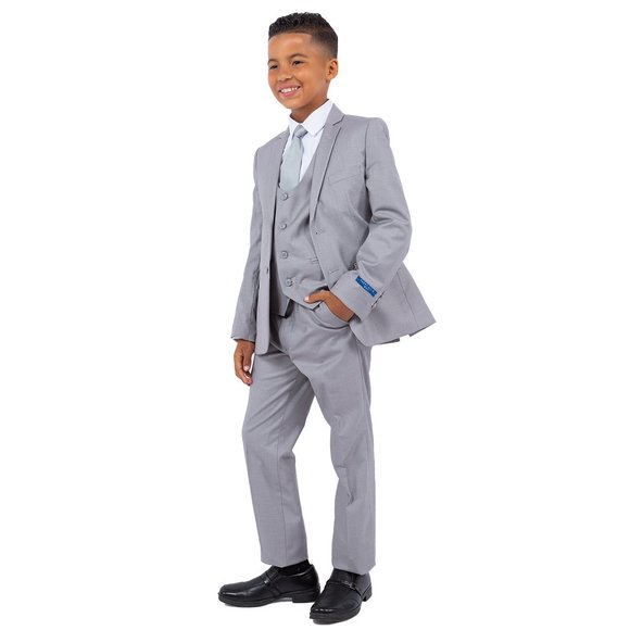 5-Piece Perry Ellis Portfolio Boys Slim Fit Solid Suit, Light Grey - Picture 2 of 7